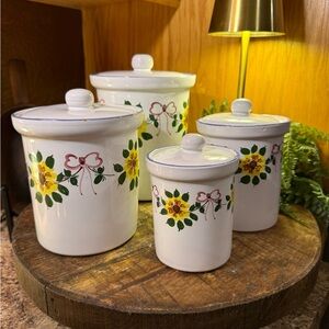 Vintage Ceramic Canister Set White W/ Sunflower & Bows With Lid Set of 4 Classic